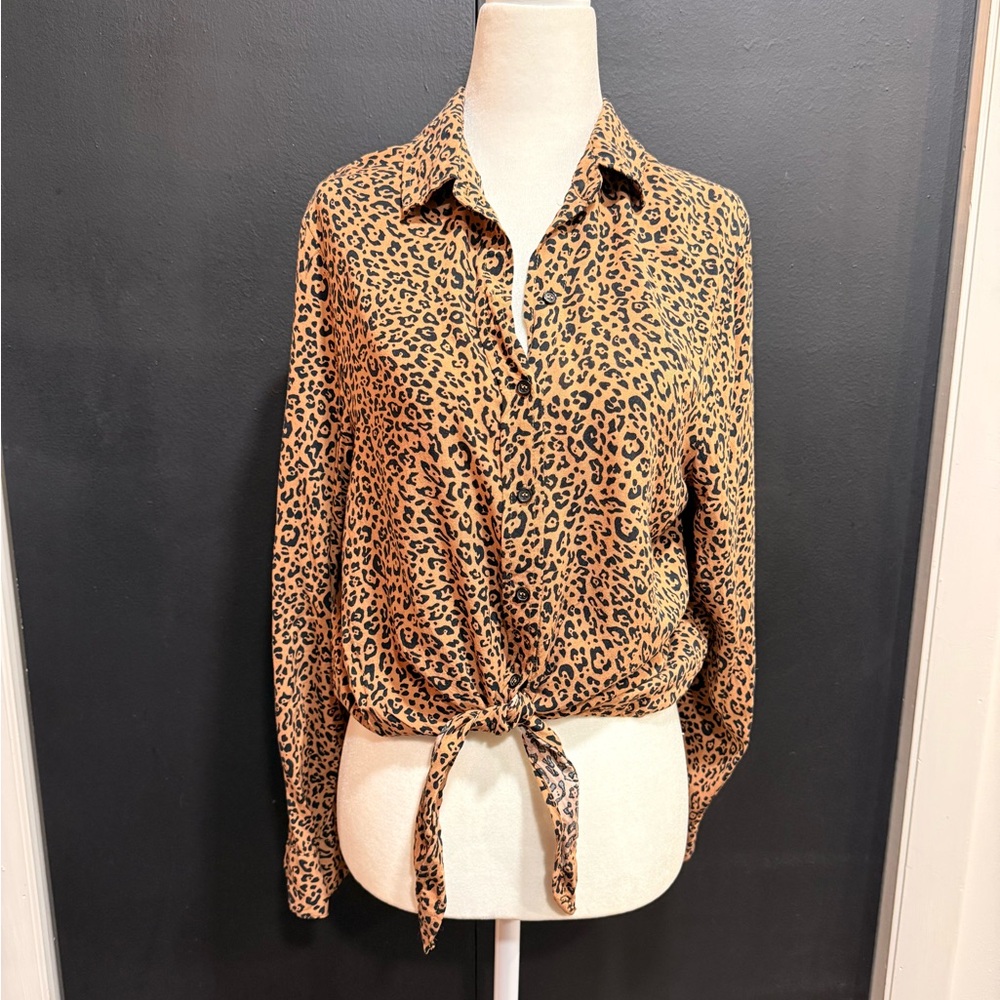 H&M Leopard Print Tie-Front Button-Down Shirt - Tan & Black